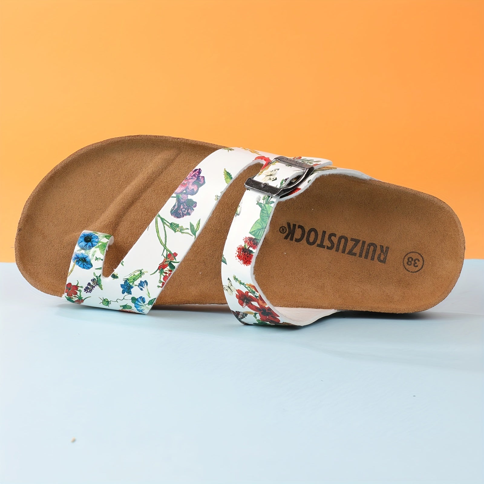 Women's Floral Flat Sandals Toe loop Adjustable Buckle
