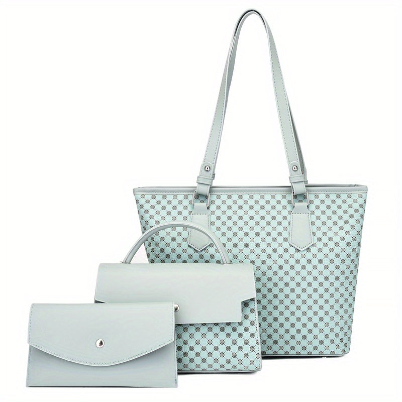 3Pcs Geometric Pattern PU Leather Tote Bag Set with Flap Handbag & Clutch