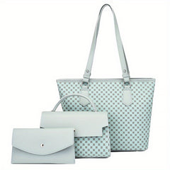 3Pcs Geometric Pattern PU Leather Tote Bag Set with Flap Handbag & Clutch