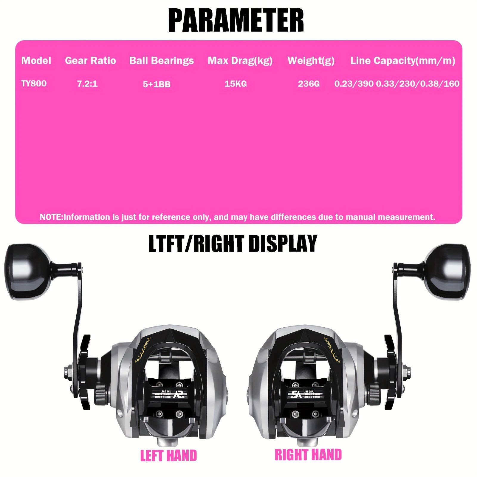 OUYALINE Aluminum Baitcasting Reel 15KG Max Drag Waterproof 7.2:1 Gear Ratio
