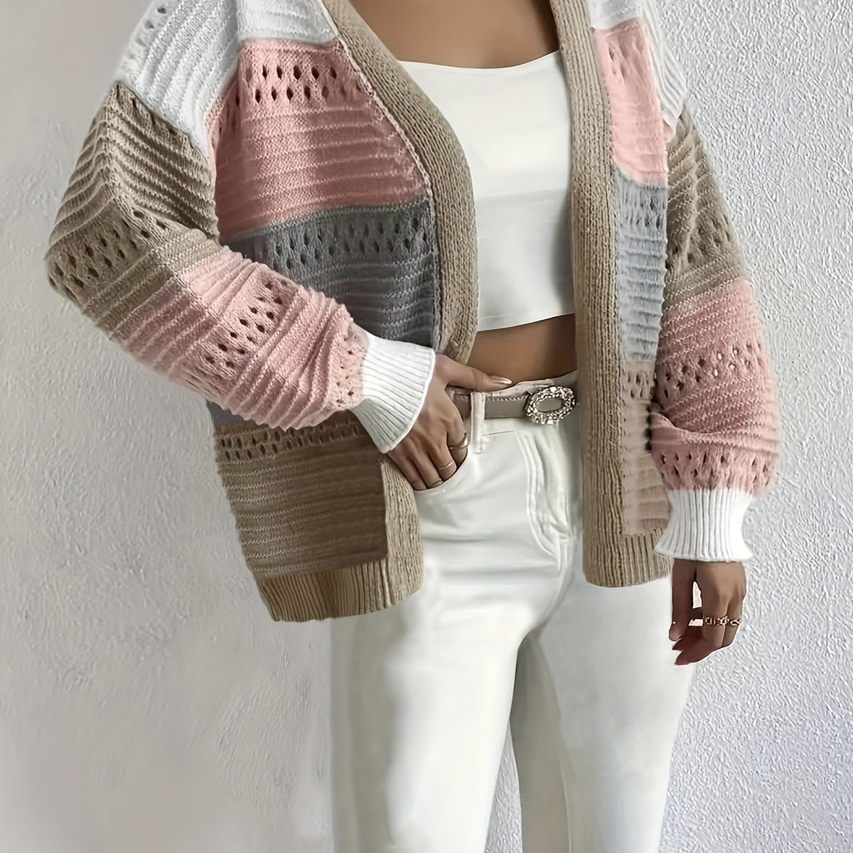  Colorblock Open Front Cardigan