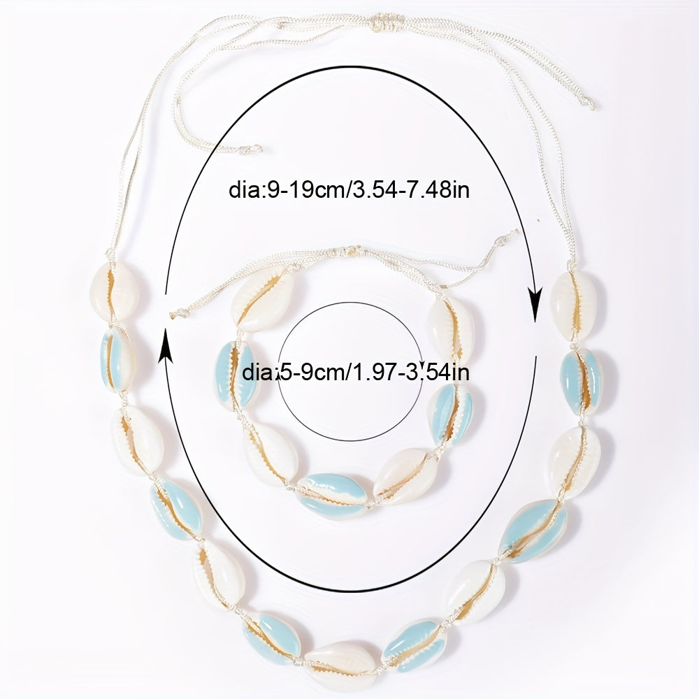 Colorful Shell Necklace & Bracelet Set, Adjustable Braided Jewelry