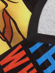  Colorblock Figure & Slogan Print V Neck Dress With Pockets