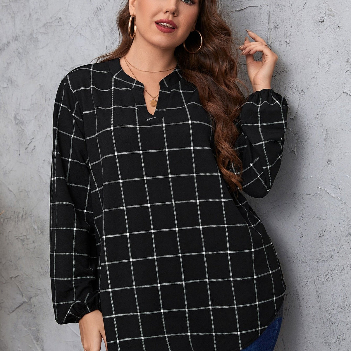 Grid Print Long Sleeve Notched Neckline Blouse