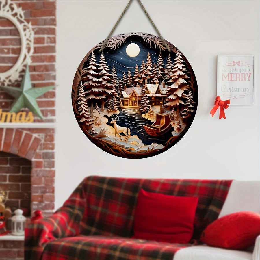 Christmas Wooden Door Hanging Tree Moon Forest Night Signboard