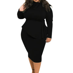 Solid Knot Long Sleeve Midi Dress Women's Plus Dress
