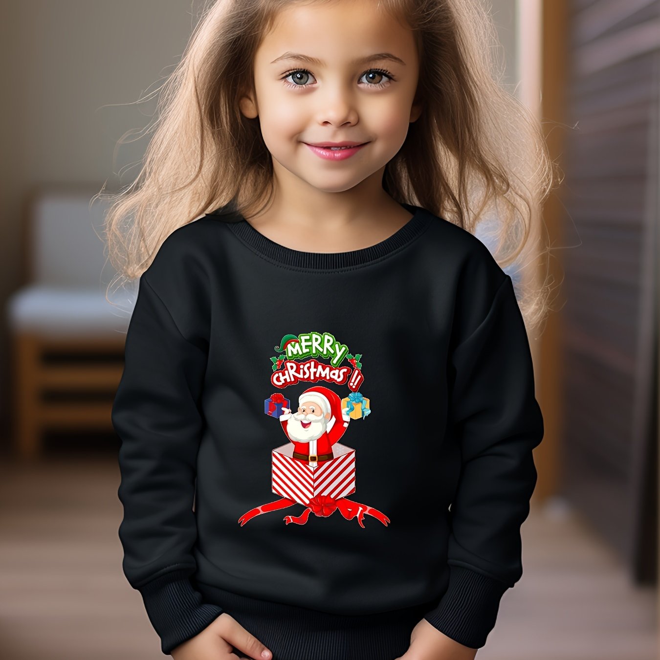 Christmas Santa Print Girls Sweatshirt Crew Neck Tops
