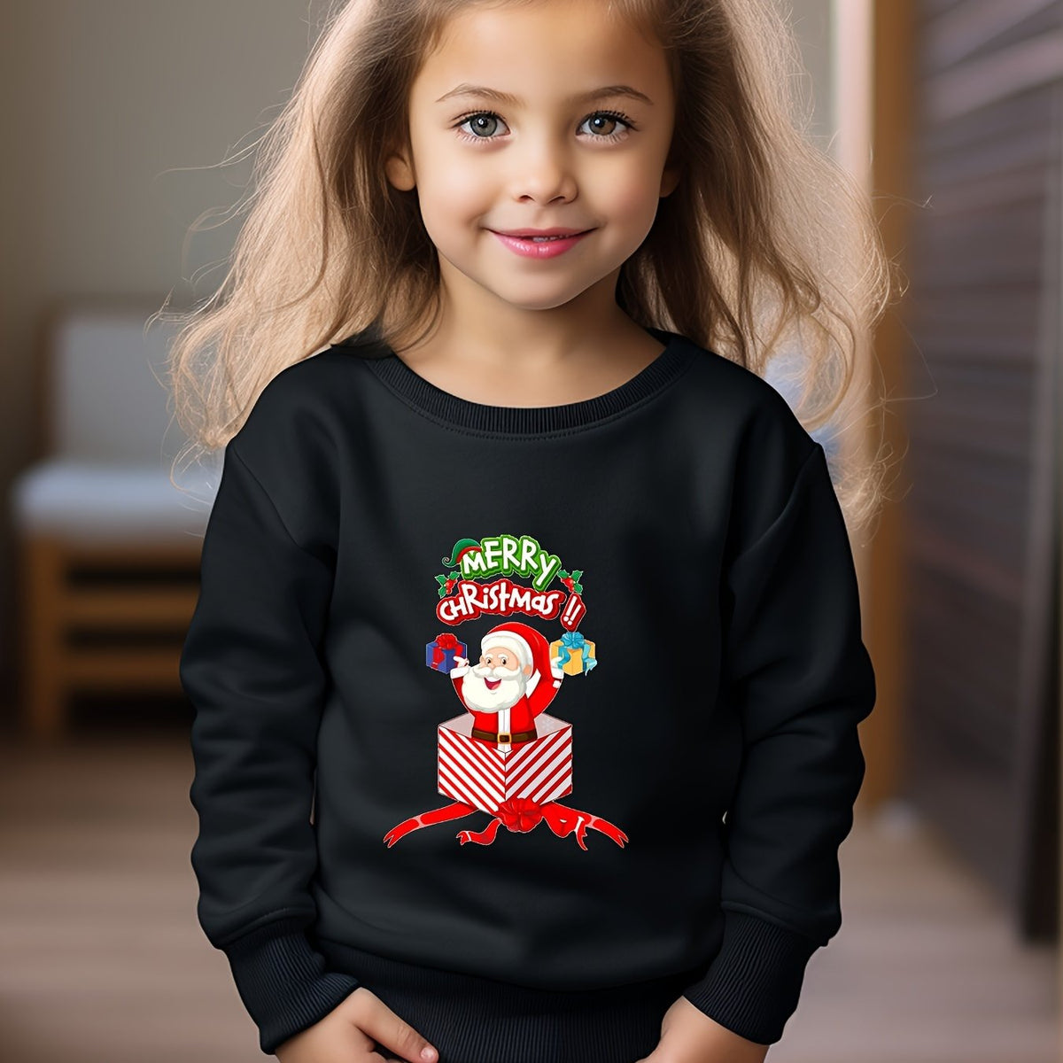Christmas Santa Print Girls Sweatshirt Crew Neck Tops