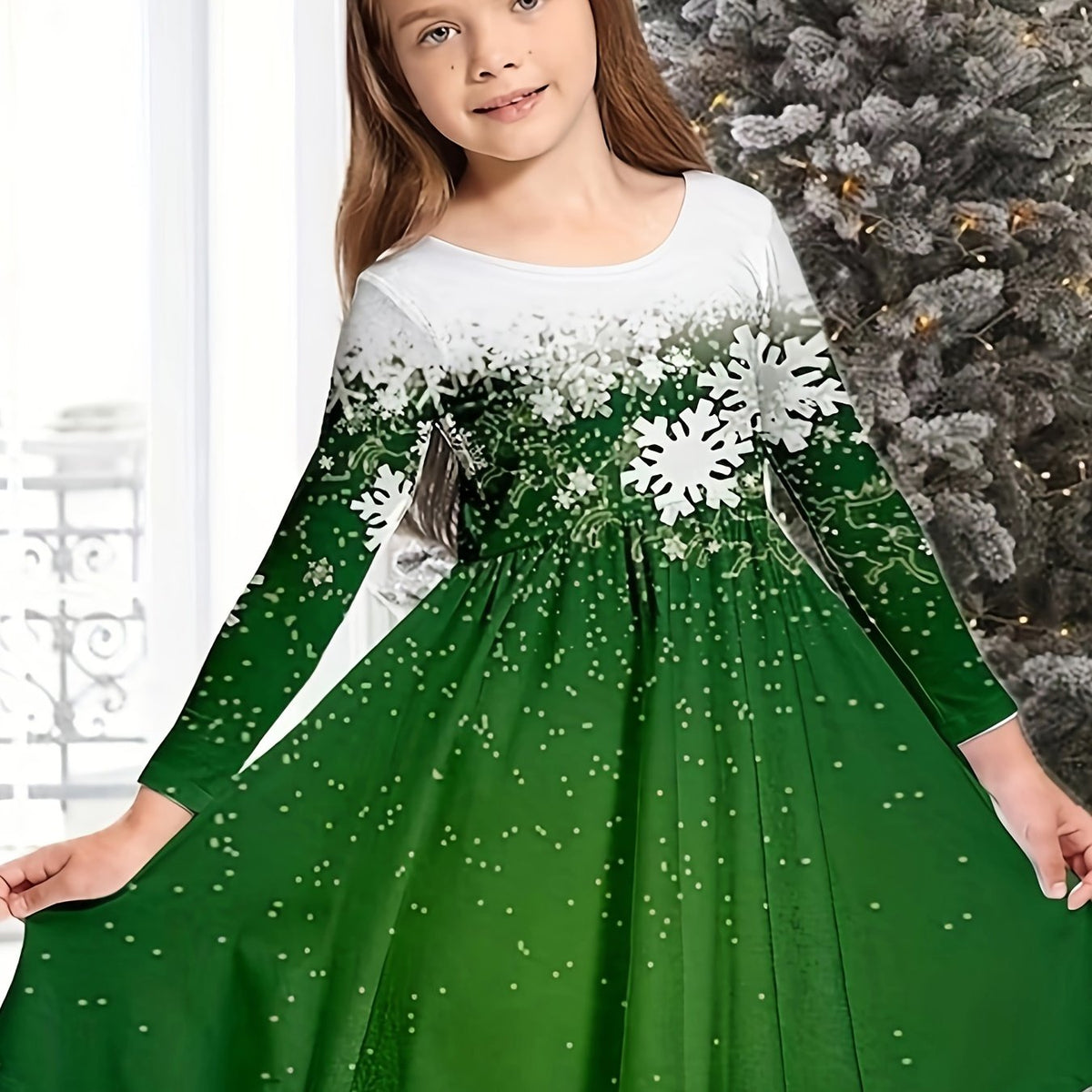 Snowflake Graphic Long Sleeve Dress Girls Christmas Party