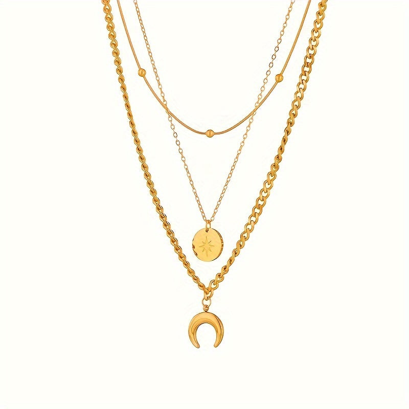 Vintage Style Golden Stainless Steel Necklace Set with Moon & Star Pendants