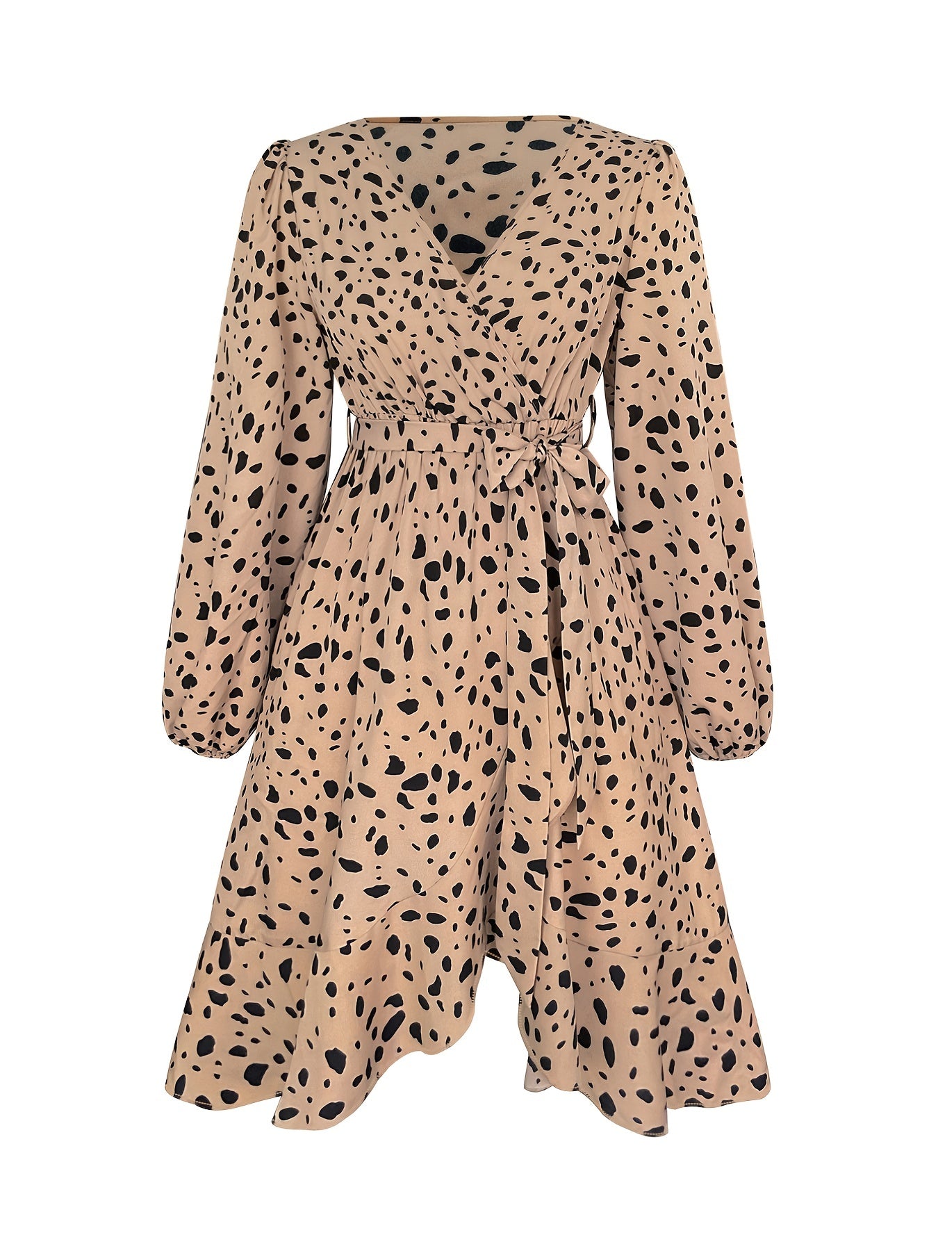  Leopard Print Long Sleeve Wrap Dress With Belt