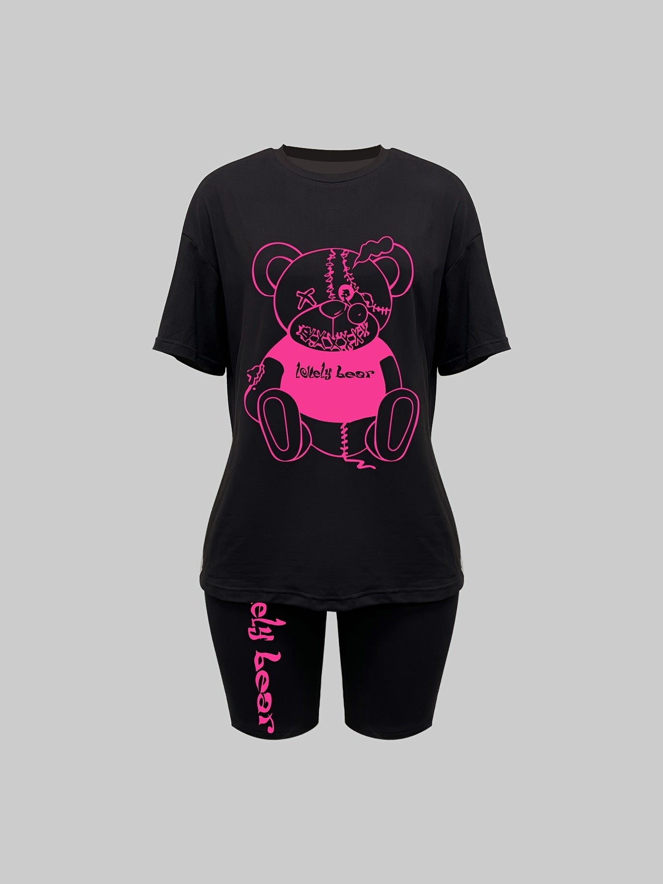 Teddy Bear Print Two piece Set Short Sleeve Casual Top & Shorts