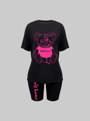 Teddy Bear Print Two piece Set Short Sleeve Casual Top & Shorts