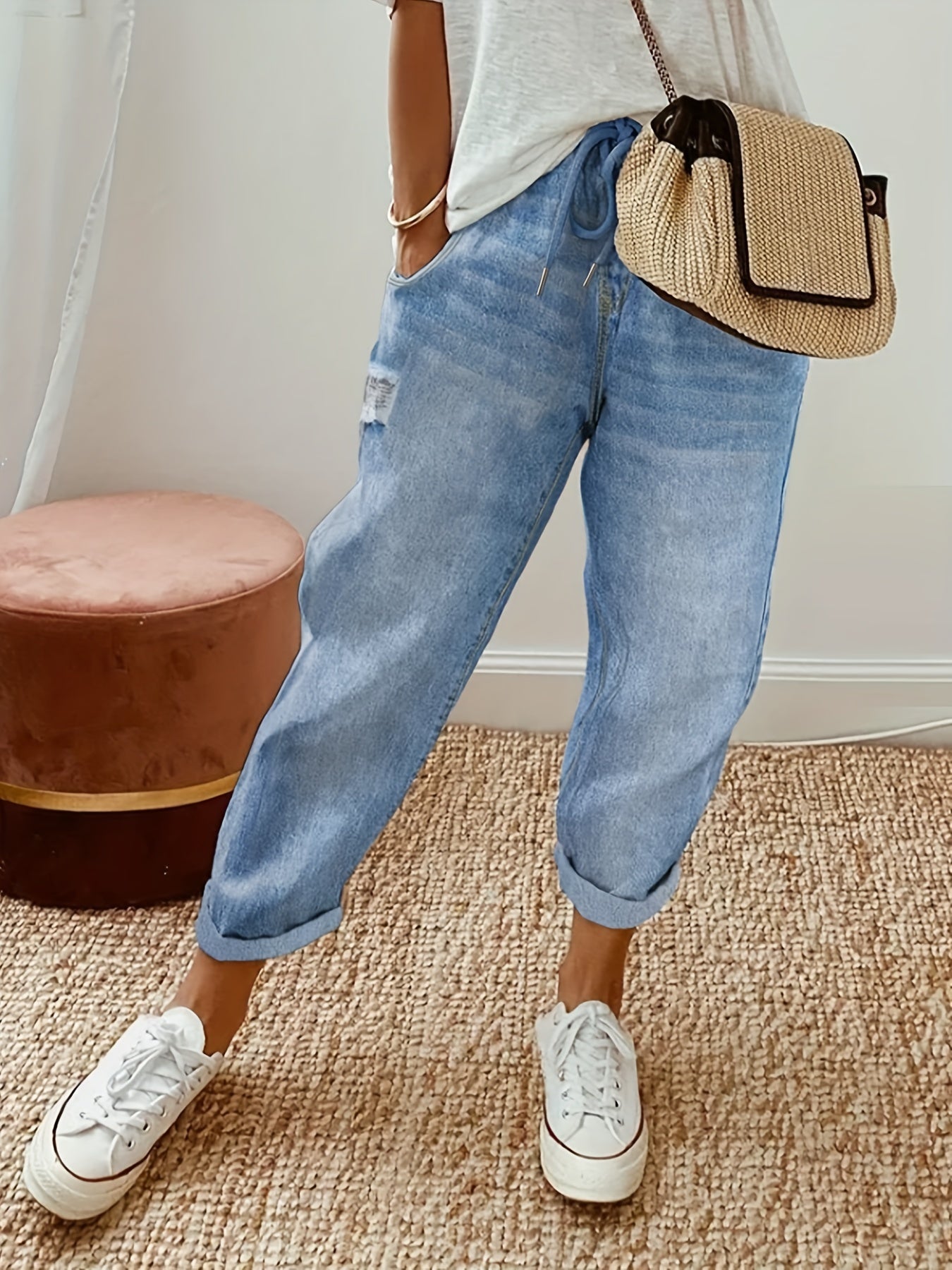  Casual Jeans Women's Plus Tie Elastic Waist Washed Denim Pants