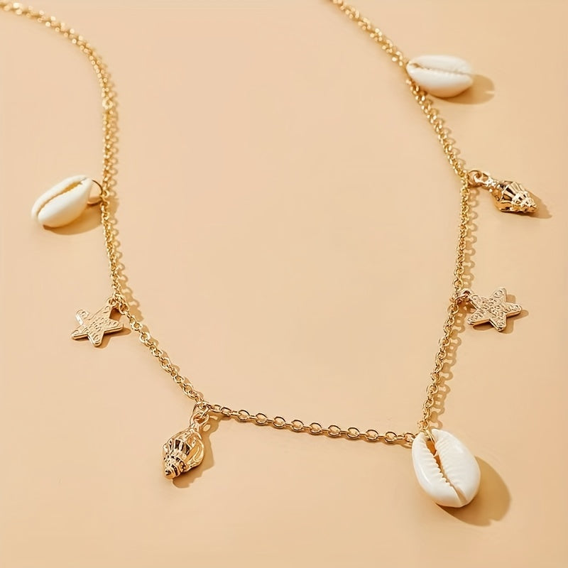 Metal Waist Chain with Shell Conch Starfish Tassel Pendant