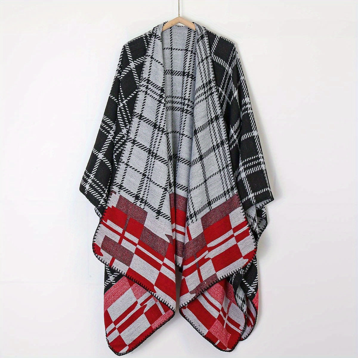 Geometric Plaid Jacquard Shawl Wrap Boho Cape