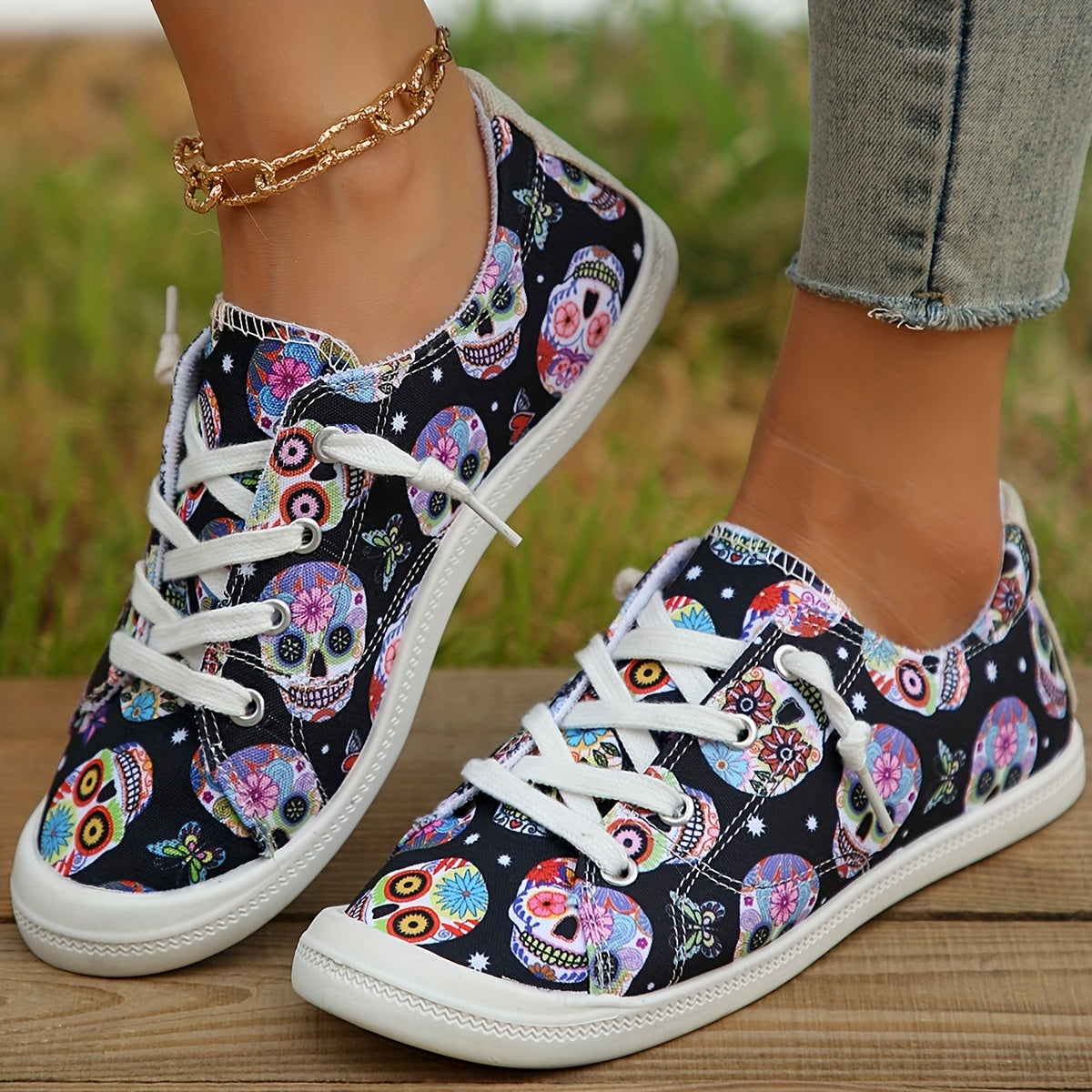Women's Halloween Skull Canvas Sneakers Low Top Casual Walking Shoes