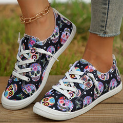Women's Halloween Skull Canvas Sneakers Low Top Casual Walking Shoes