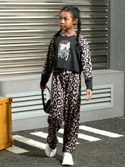 Leopard Pattern Raglan Top & Flared Pants Set for Girls