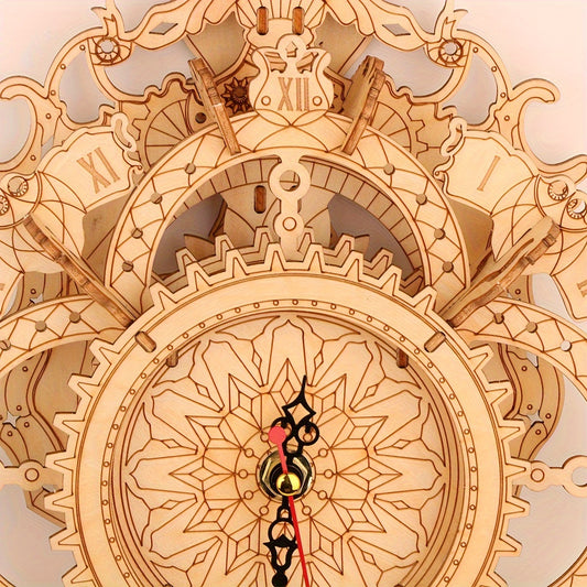 3D Vintage Wooden Wall Clock Puzzle Kit DIY Mechanic Yellow Light Brown