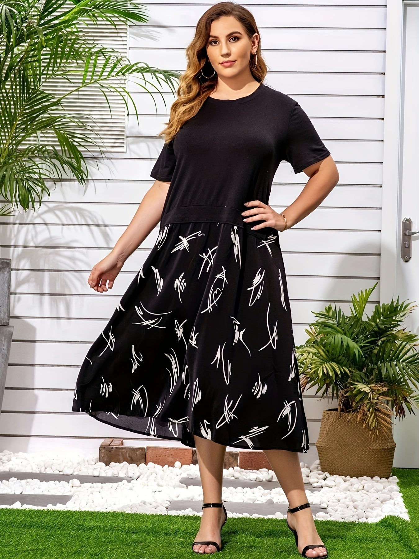  Colorblock Graffiti Print Tee Dress