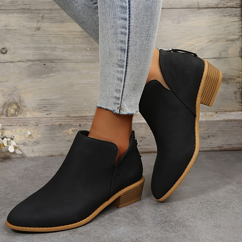 Chunky Heel Short Boots V cut Stacked Heel Back Zip Ankle Bootie