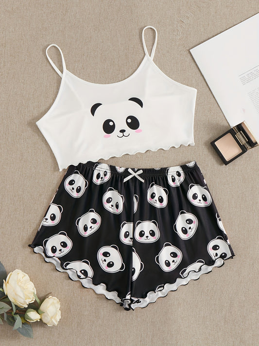 Panda Print Pajama Set Cami Top & Bow Tie Shorts