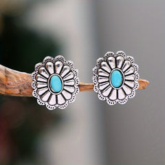 Silvery Flower Oval Turquoise Stud Earrings Retro Style Jewelry