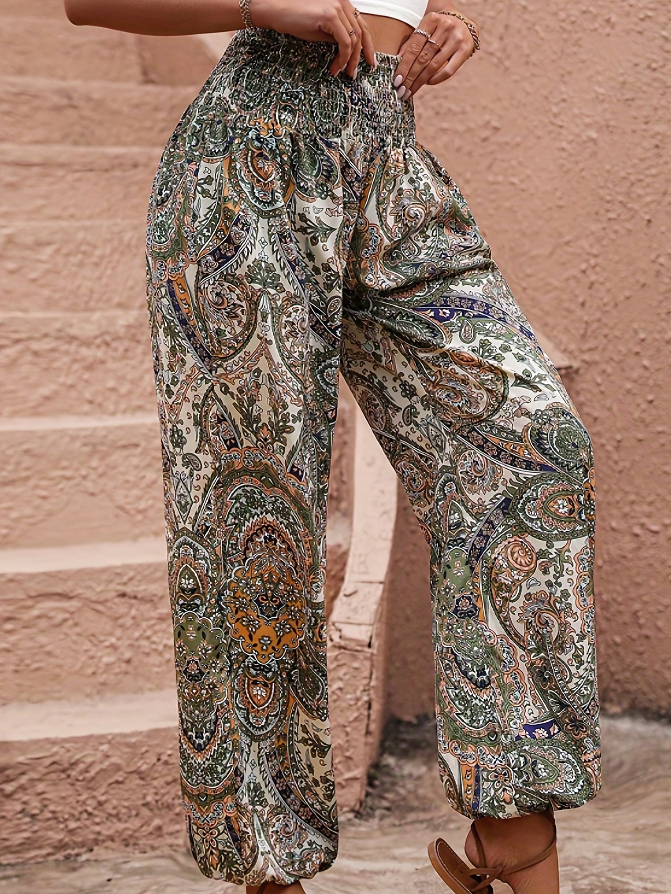  Boho Pants Women's Plus Paisley Print Wide Leg Harem Pants