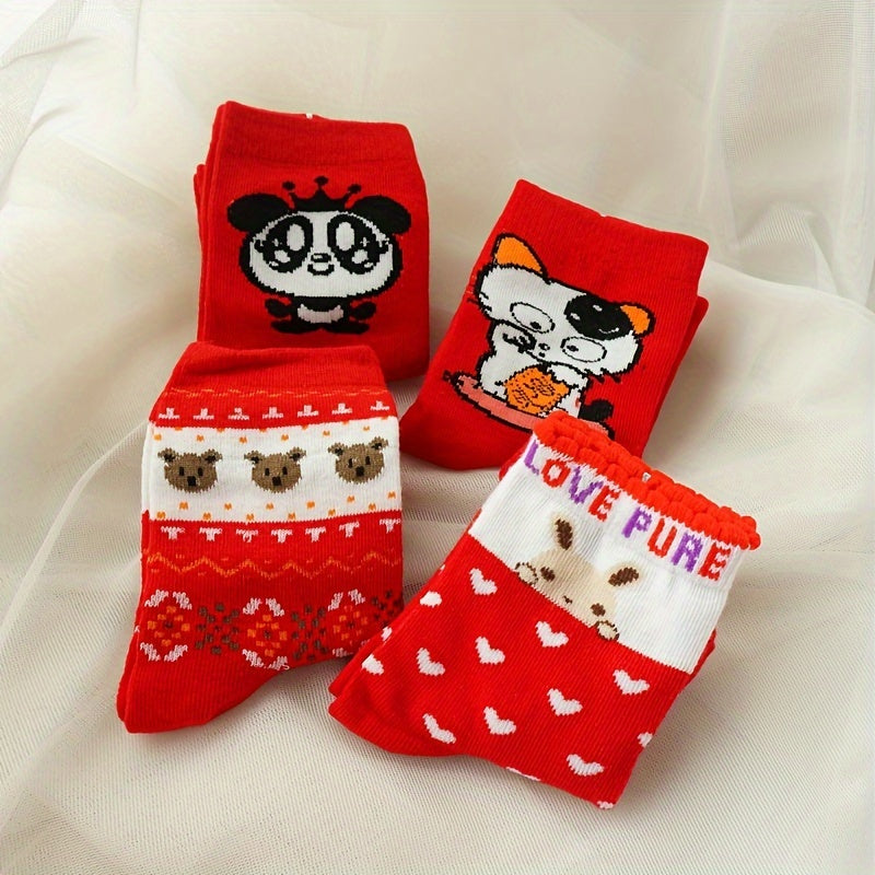 4 Pairs Cartoon Print Socks Chinese Year Women's Stockings Hosiery