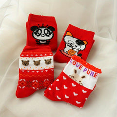 4 Pairs Cartoon Print Socks Chinese Year Women's Stockings Hosiery