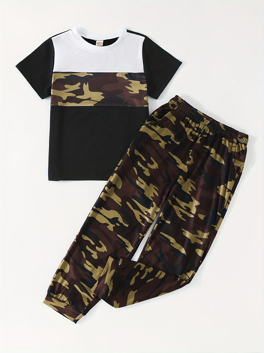 2pcs Boys Camo Short Sleeve Tees & Long Trousers Sets Summer Kids Outfits