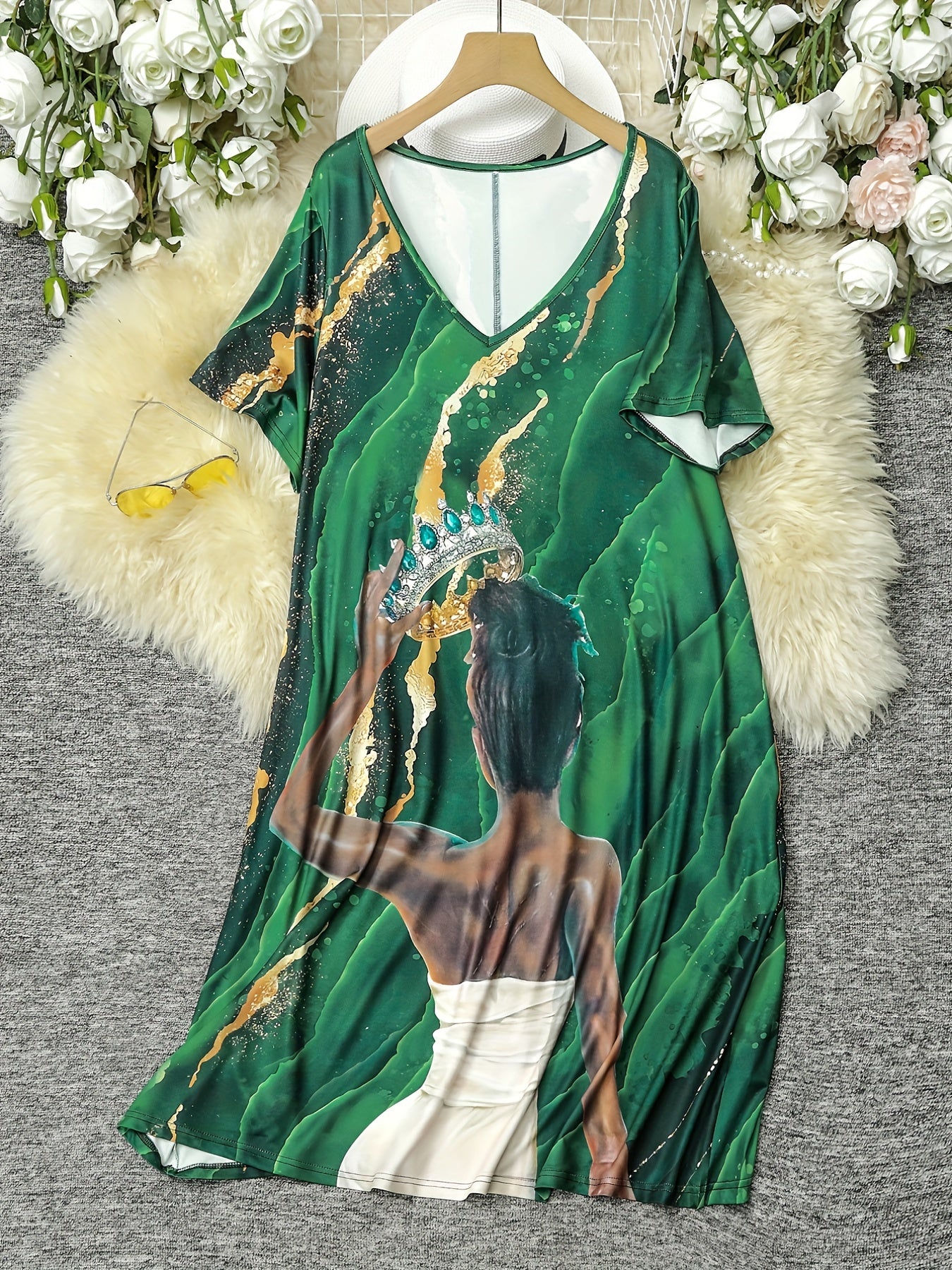  Cartoon Figure & Marble Print V Neck Dress With Pockets
