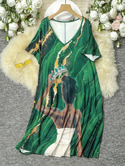  Cartoon Figure & Marble Print V Neck Dress With Pockets