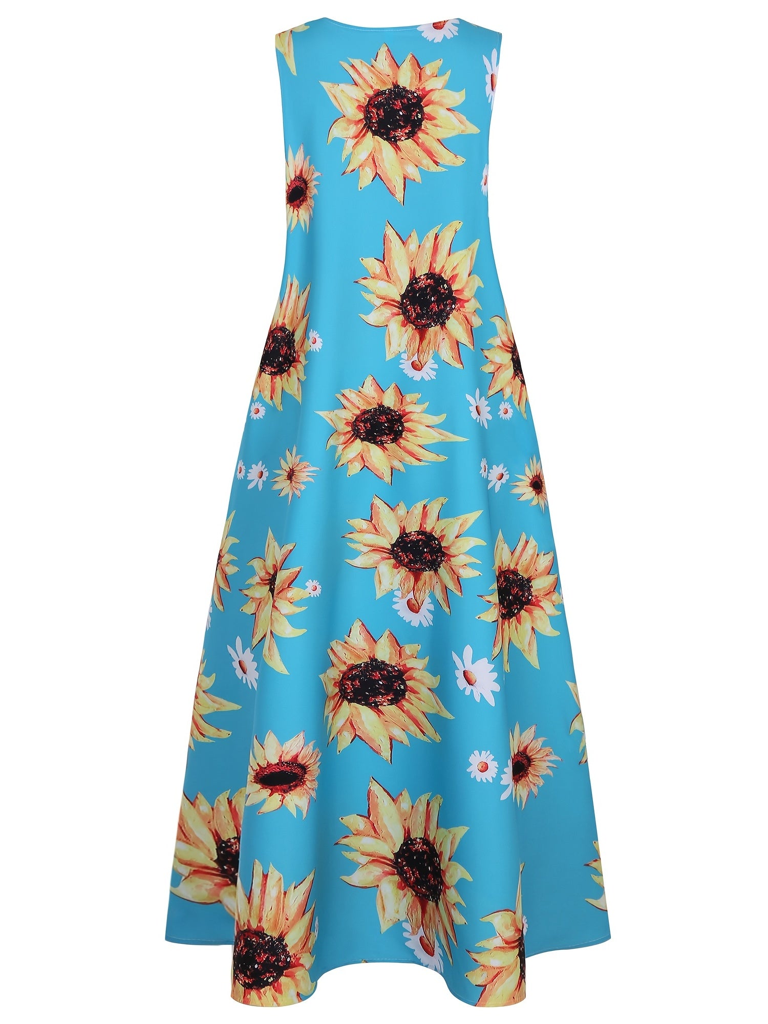  Sunflower Print Tank Maxi Dress Women's Plus Casual Long Dress