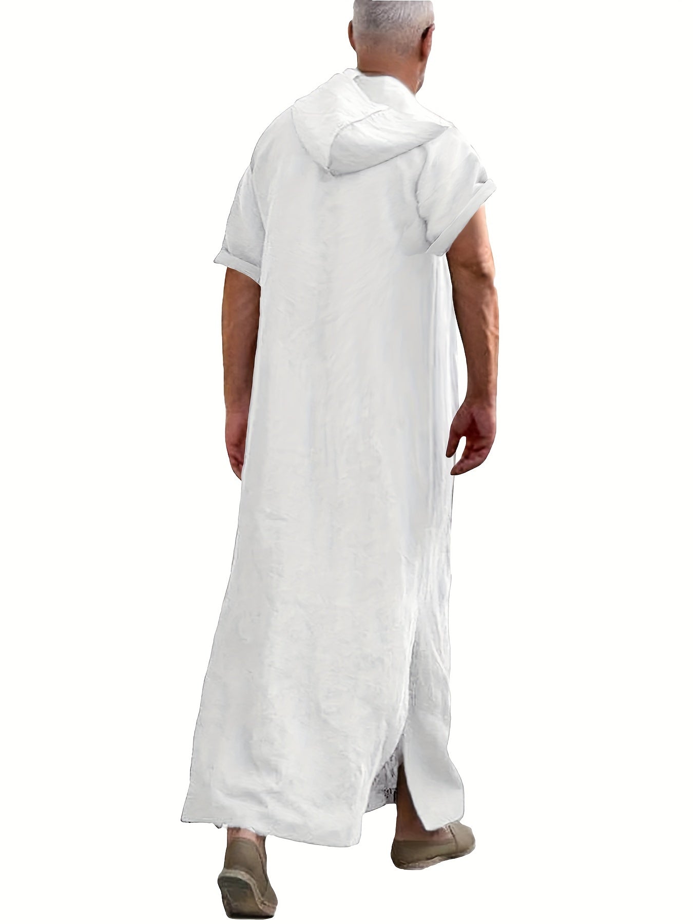 Vintage Islamic Arabic Kaftan For Men Short Sleeve Hooded V Neck Muslim Clothes