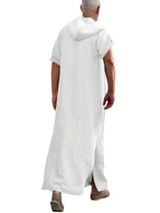 Vintage Islamic Arabic Kaftan For Men Short Sleeve Hooded V Neck Muslim Clothes
