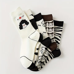 5 Pairs Cartoon Print Socks Comfy & Mid Tube Socks Women's Stockings