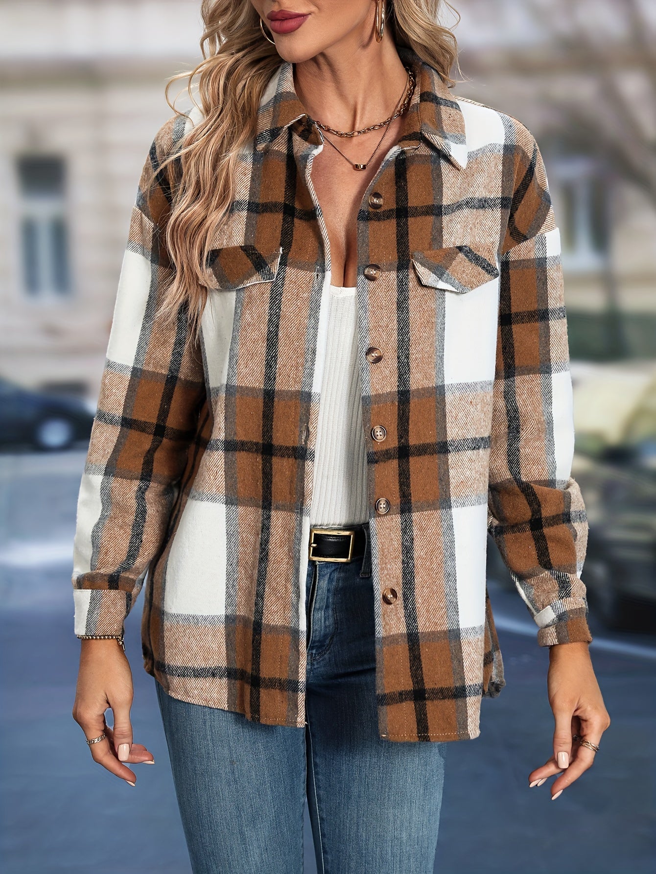 Plaid Drop Shoulder Trucker Jacket Women's Clothing