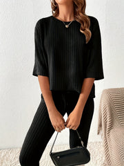 Casual Ribbed 2pc Set Top & Slim Pants Women's Outfit