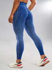 Faux Denim Print Yoga Leggings High Waist Butt Lifting Tummy Control