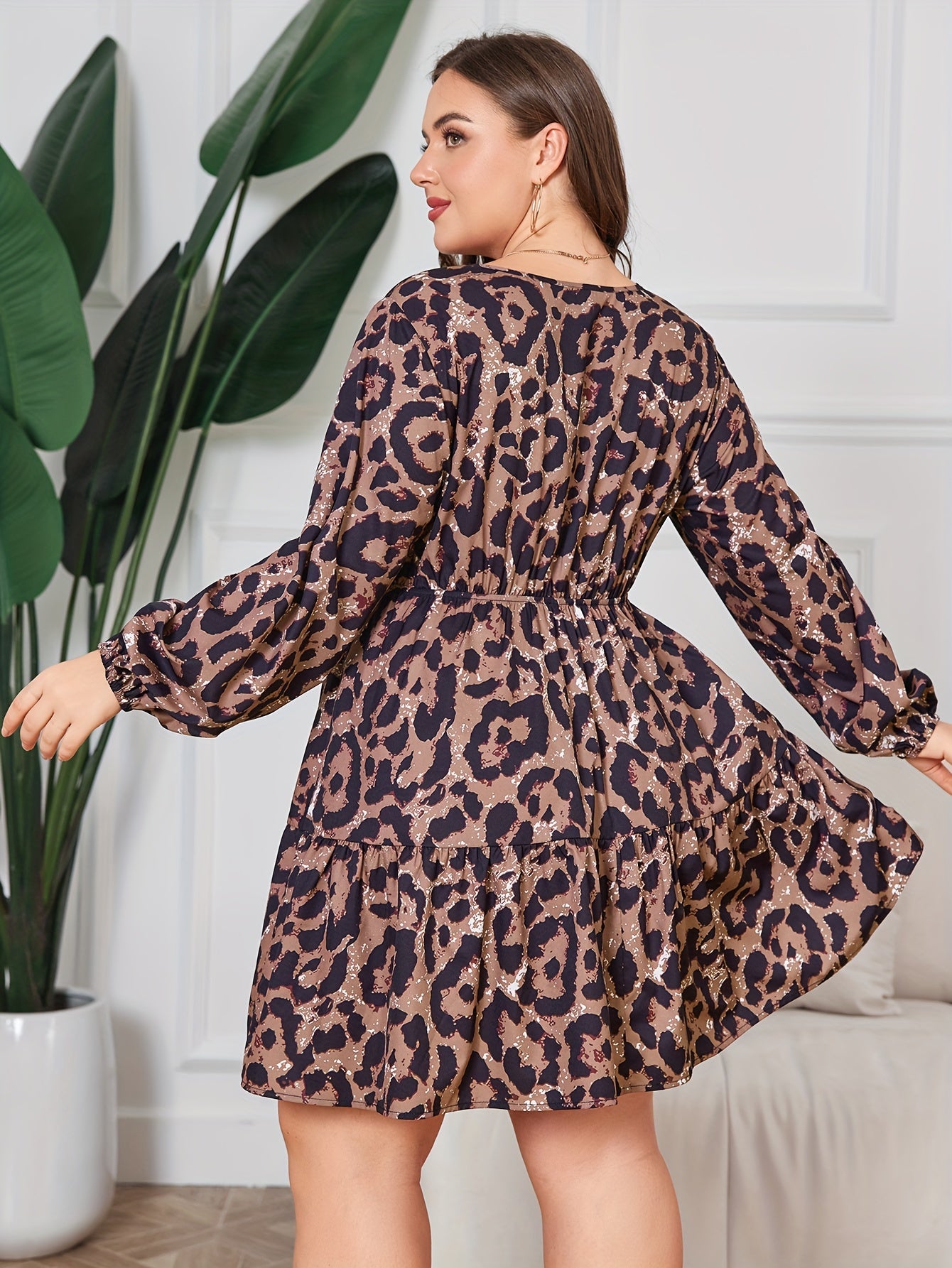  Leopard Print Long Sleeve V Neck Smock Dress
