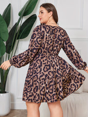  Leopard Print Long Sleeve V Neck Smock Dress