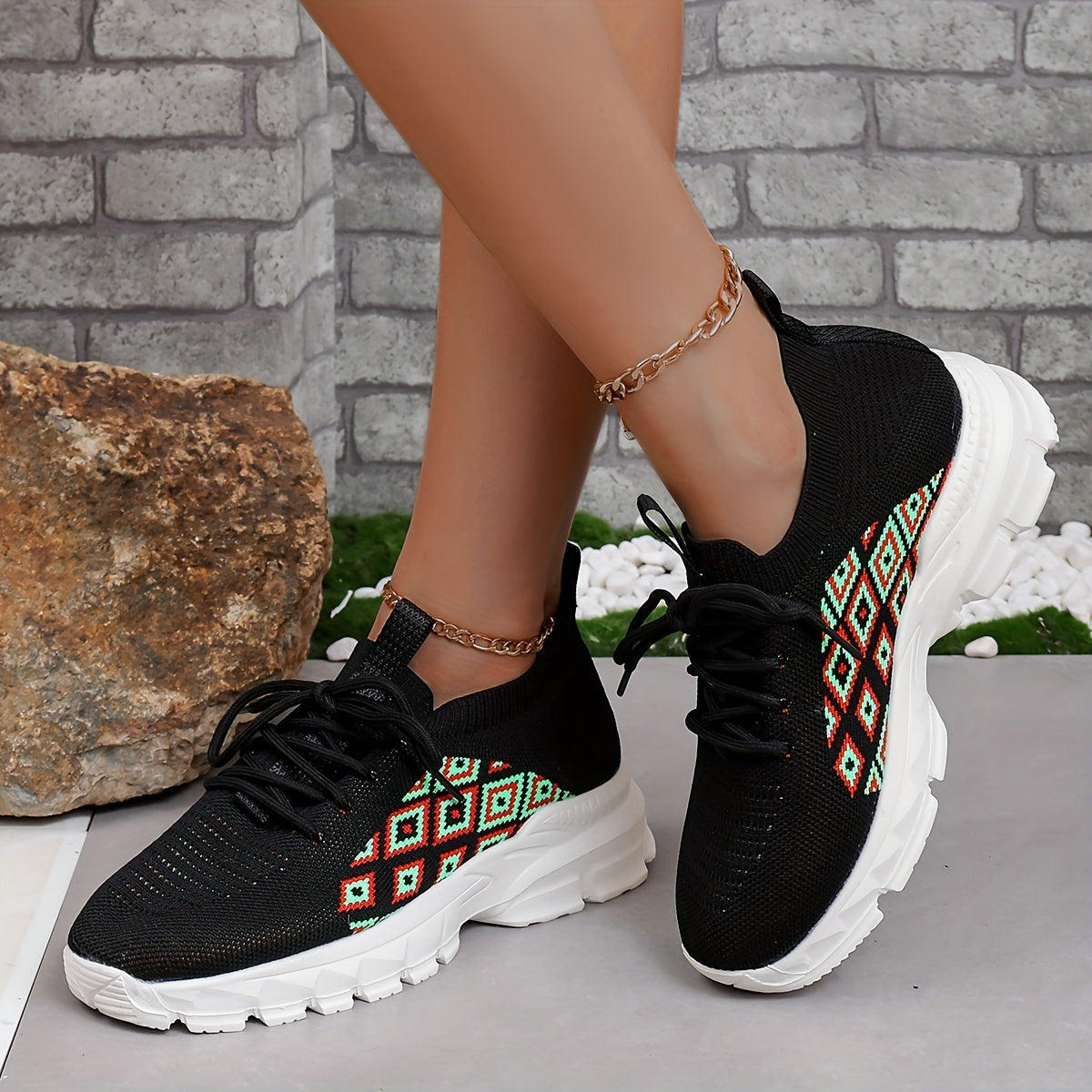 Women's Argyle Lace up Running Shoes Lightweight Sports Sneakers