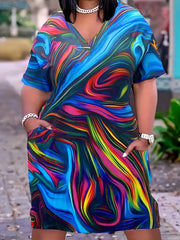  Allover Print Short Sleeve V Neck Dress With Pockets