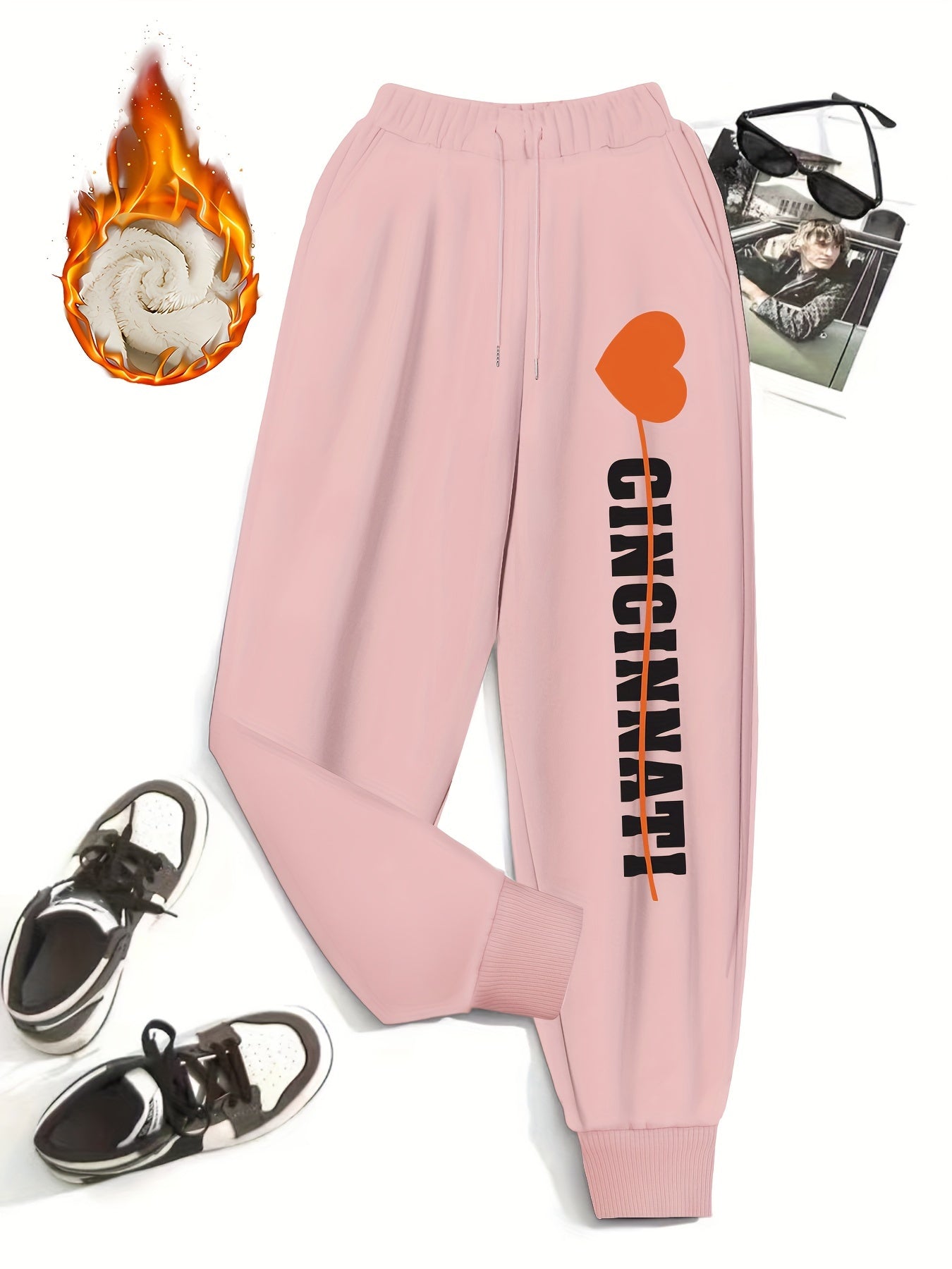 Women's Plus Size Fleece Liner Joggers, Heart Print, Elastic Drawstring
