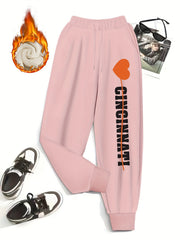 Women's Plus Size Fleece Liner Joggers, Heart Print, Elastic Drawstring