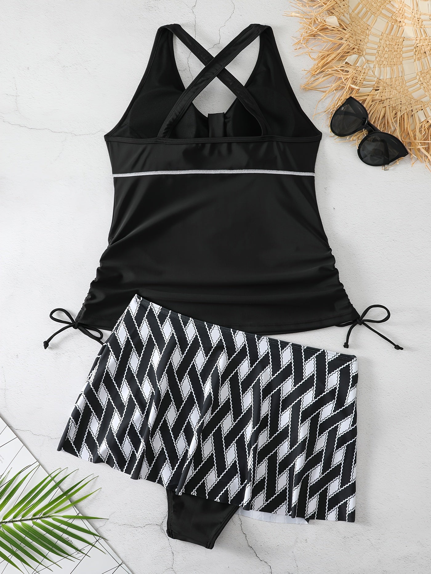  Retro Tankini Set Women's Plus Graphic Print V Neck Side Lace Up Ruche