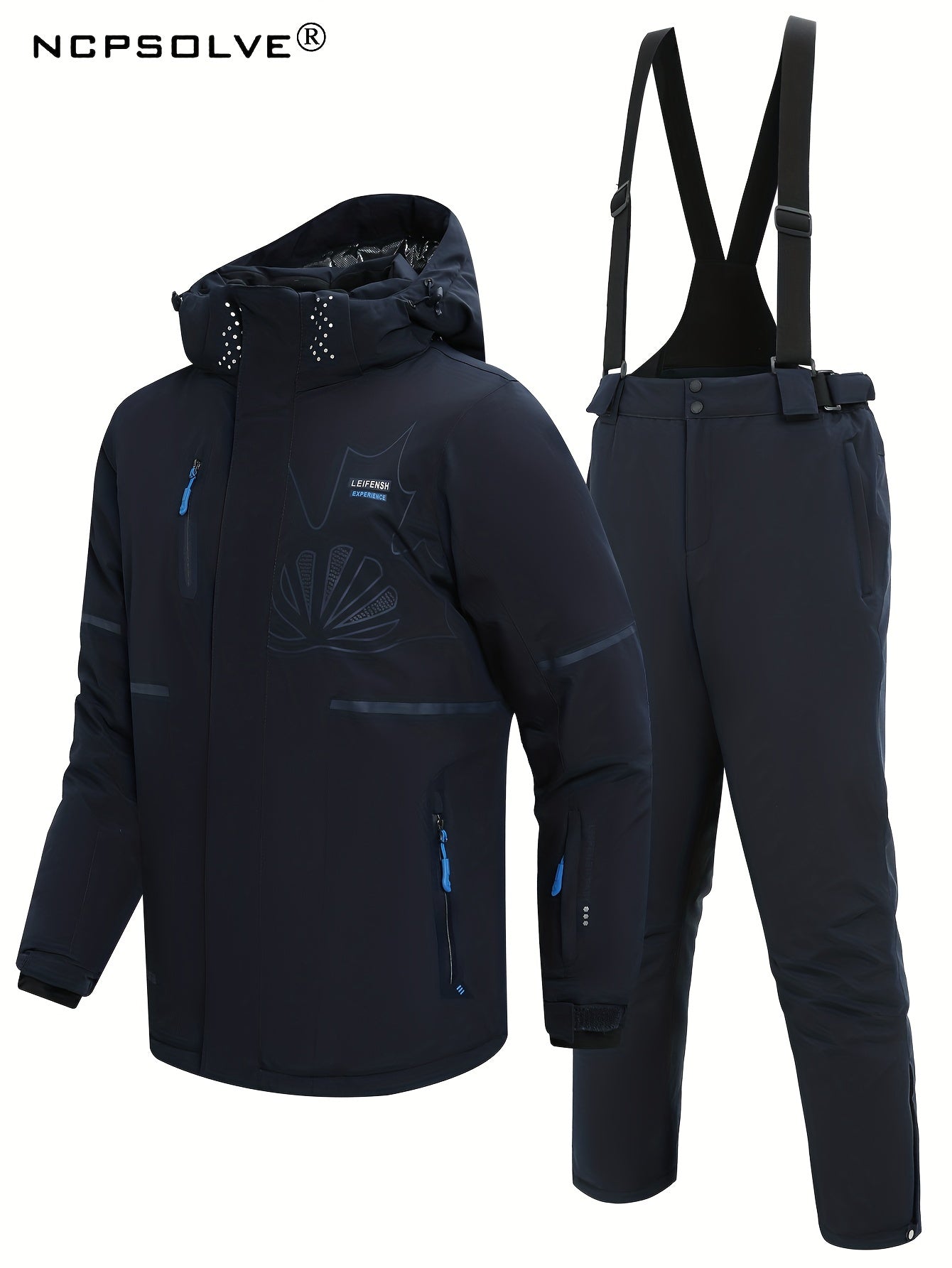 Men's Winter Skiing Outfits Zip Thick Warm Hooded Jacket And Thermal Solid Pants