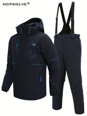 Men's Winter Skiing Outfits Zip Thick Warm Hooded Jacket And Thermal Solid Pants